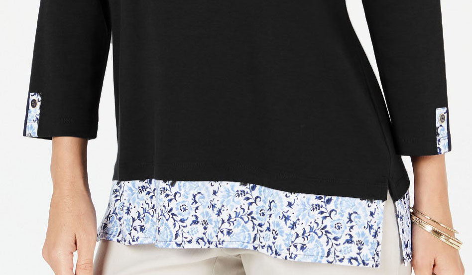 Karen Scott Women's Printed-Hem 3/4-Sleeve Top  Black Size Medium