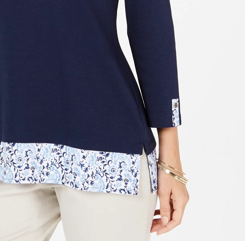 Karen Scott Women's Printed-Hem 3/4-Sleeve Top Navy Size X-Large