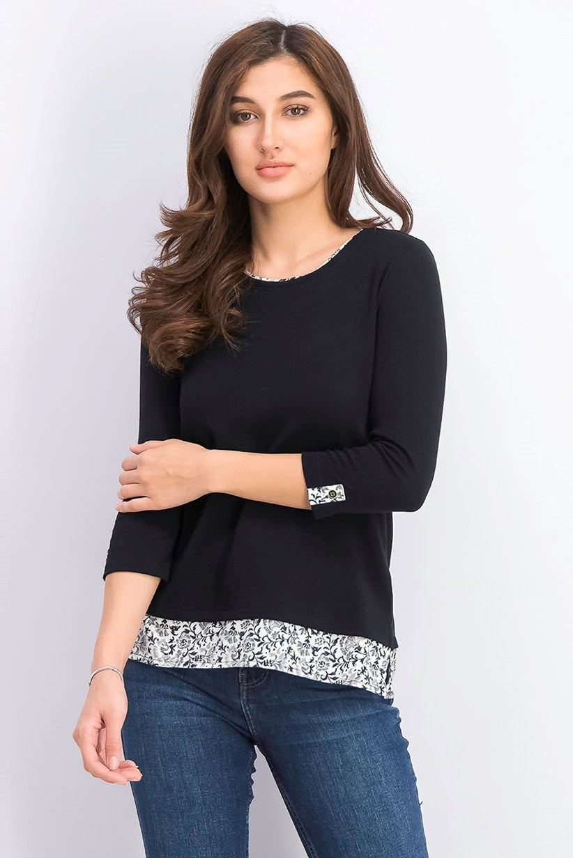Karen Scott Women's Petite Printed-Trim Top Black Size Petite