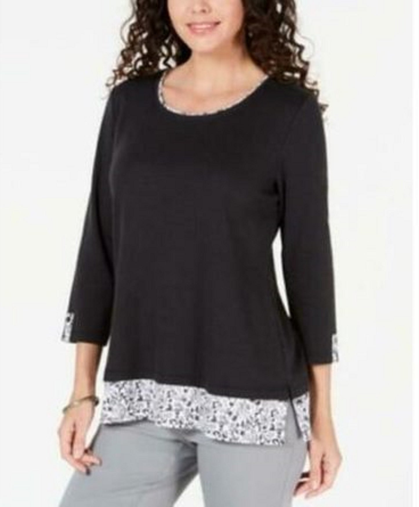 Karen Scott Women's Plus Size Printed-Hem 3/4-Sleeve Top  Black Size 1X