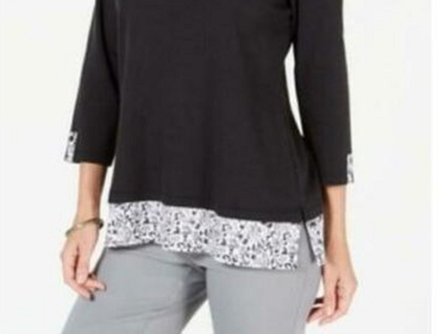 Karen Scott Women's Plus Size Printed-Hem 3/4-Sleeve Top Black Size 0X