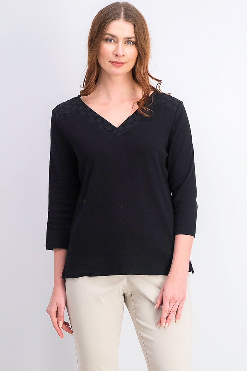 Karen Scott Women's Eyelet-Trim Top  Black Size Medium