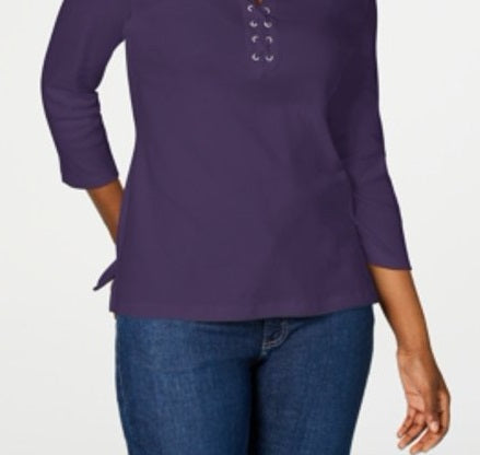 Karen Scott Women's Cotton Lace-Up Shirt  Purple Size Small