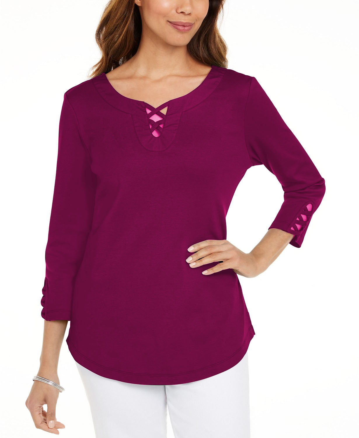 Karen Scott Plus Size Cotton Crisscross-Trim Top Pink Size XX-Large