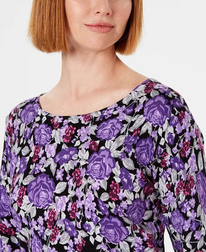 Karen Scott Women's Petite Printed 3/4-Sleeve Sweater Black Comb Size Petite Petite