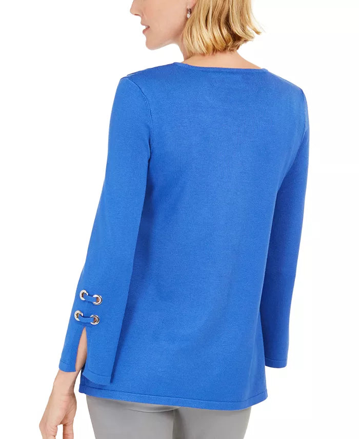 JM Collection Women's Embellished Scoop-Neck Top Blue Size Medium