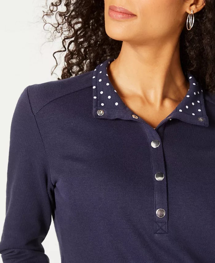 Karen Scott Women's Petite Solid & Printed Collared Top Blue Size Petite Petite