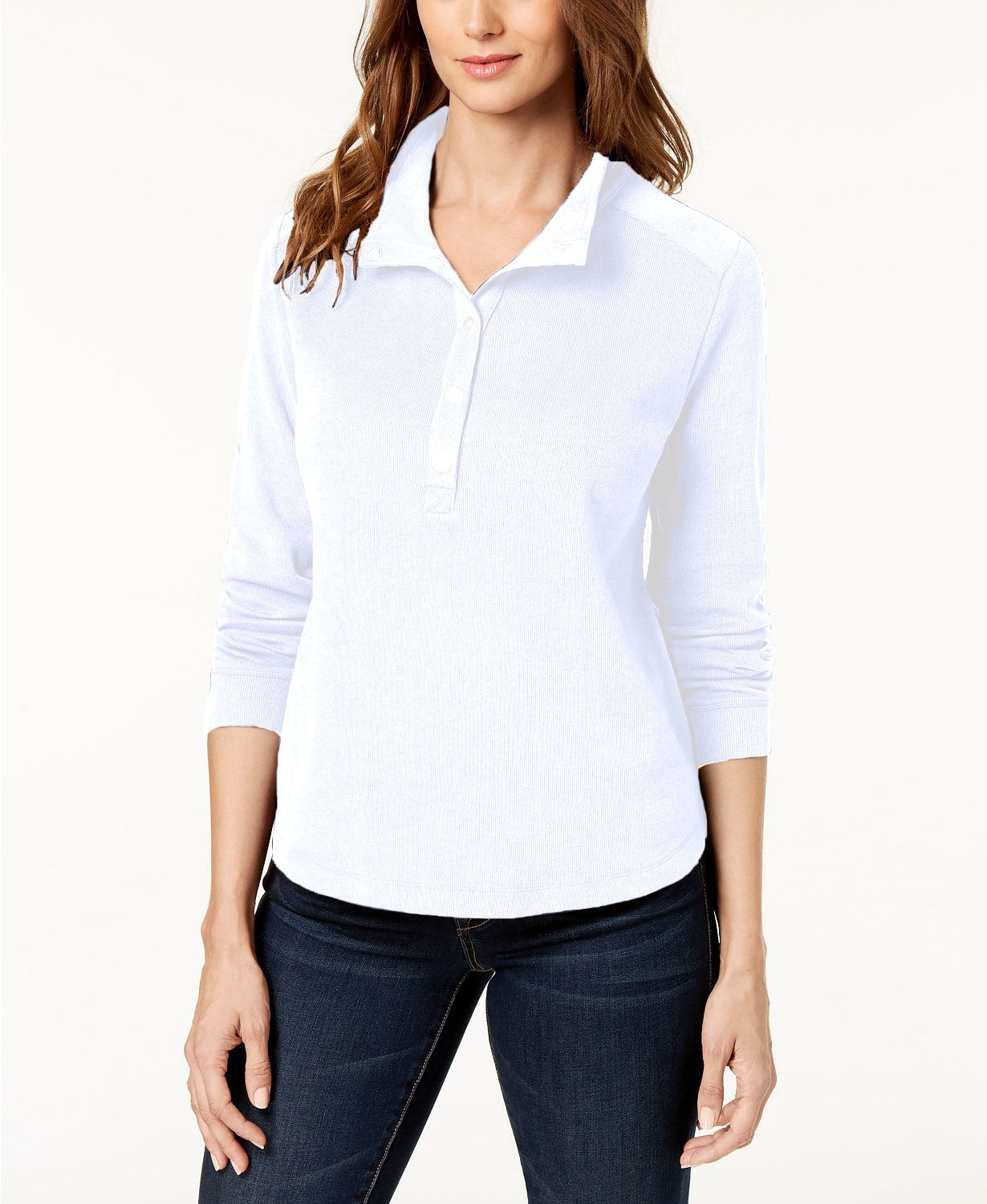 Karen Scott Women's Petite Stand-Collar Snap-Front Top White Size Petite X-Large