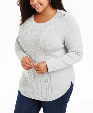 Charter Club Women's Plus Size Cable-Knit Button-Trim Sweater Gray Size 0X