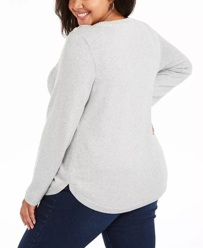 Charter Club Women's Plus Size Cable-Knit Button-Trim Sweater Gray Size 0X