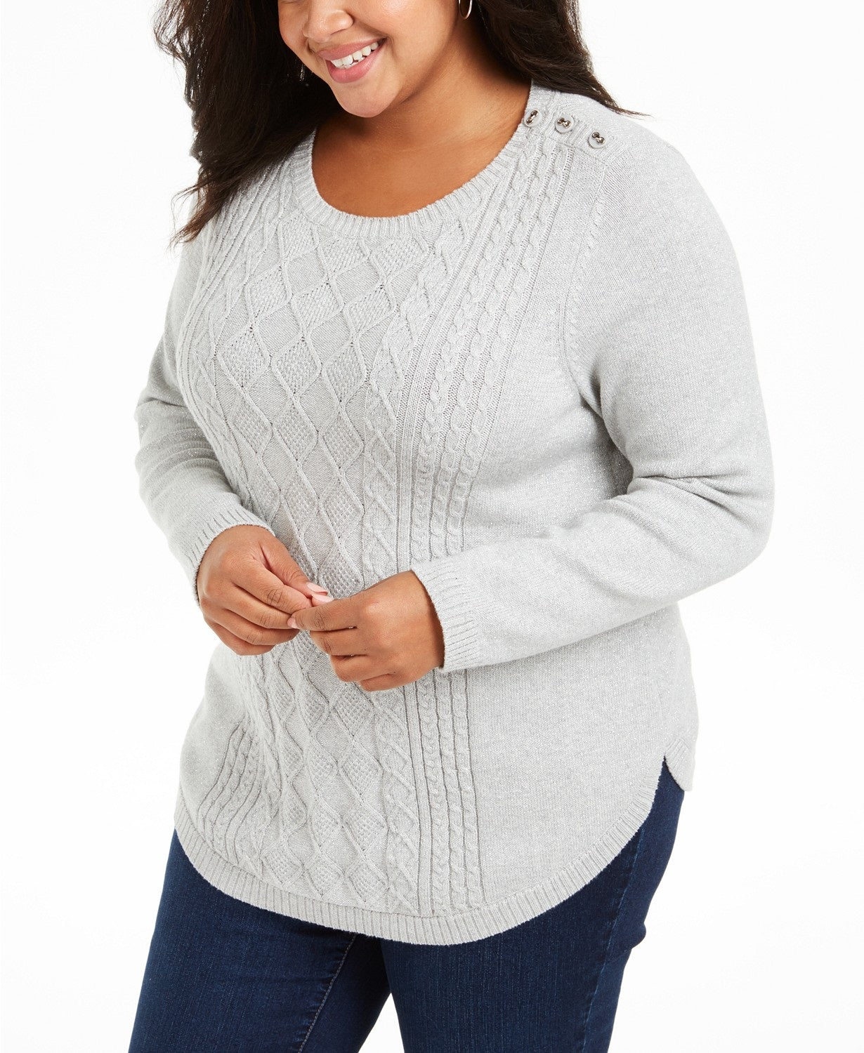 Charter Club Women's Plus Size Cable-Knit Button-Trim Sweater  Gray Size Extra Large