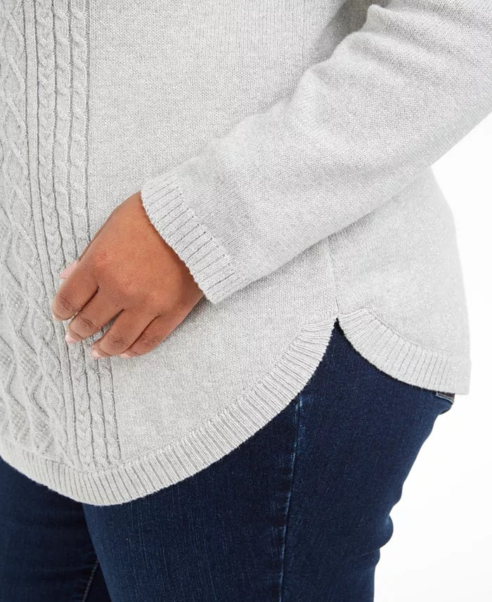 Charter Club Women's Plus Size Cable-Knit Button-Trim Sweater  Gray Size Extra Large