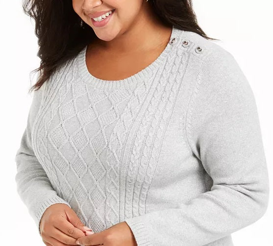 Charter Club Women's Plus Size Cable-Knit Button-Trim Sweater Gray Size 2 X-Large