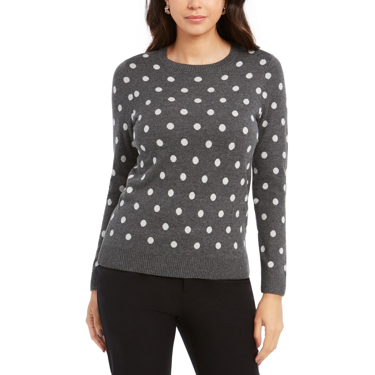 Charter Club Women's Dot-Print Crewneck Sweater Dark Gray Size Small
