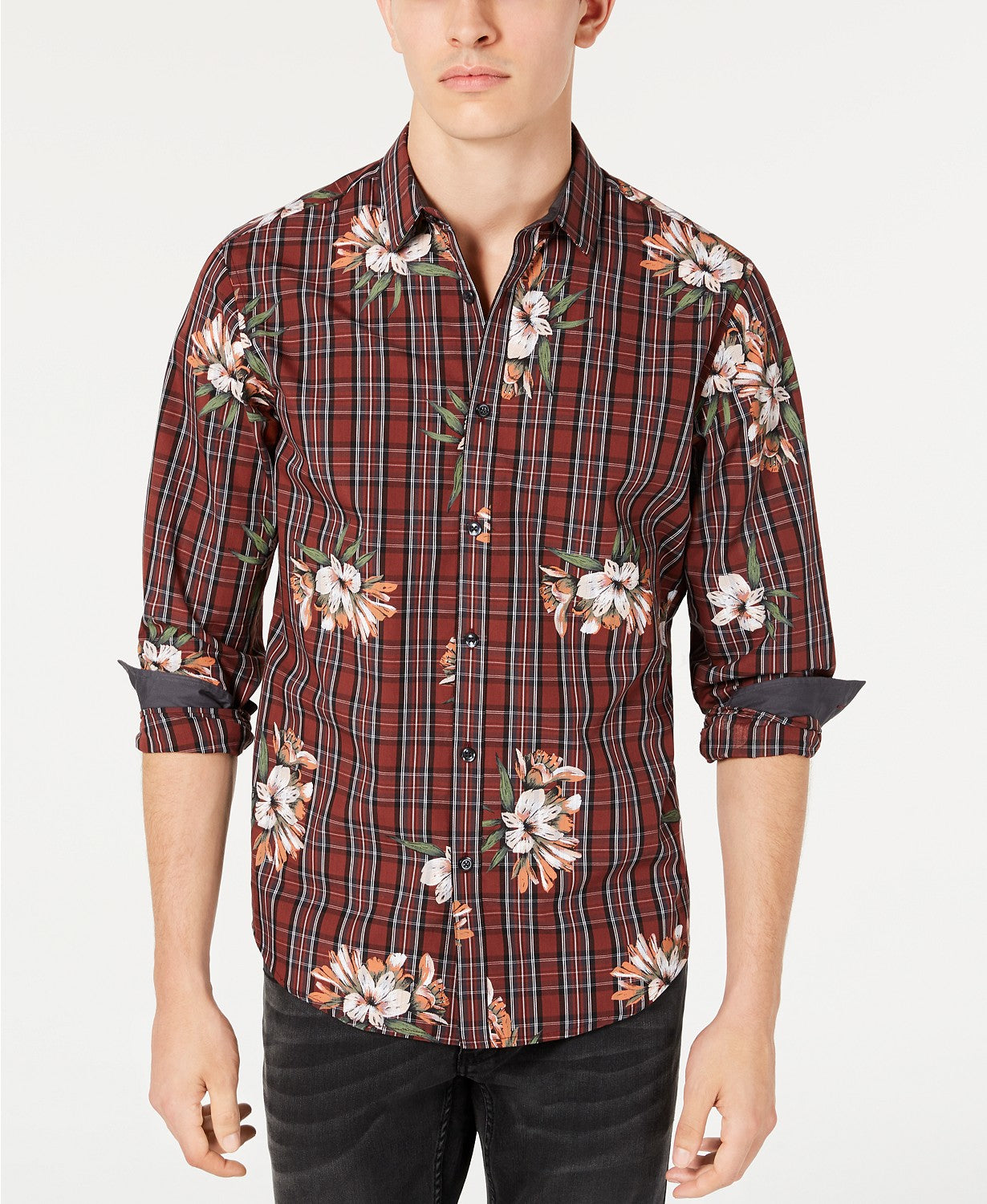 INC International Concepts Men's Plaid Floral Shirt Red Size XX Large