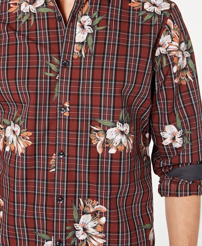 INC International Concepts Men's Plaid Floral Shirt Red Size XX Large