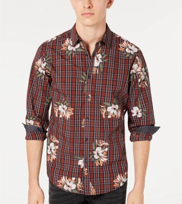 INC International Concepts Men's Plaid Floral Casual Shirt Red Size Small
