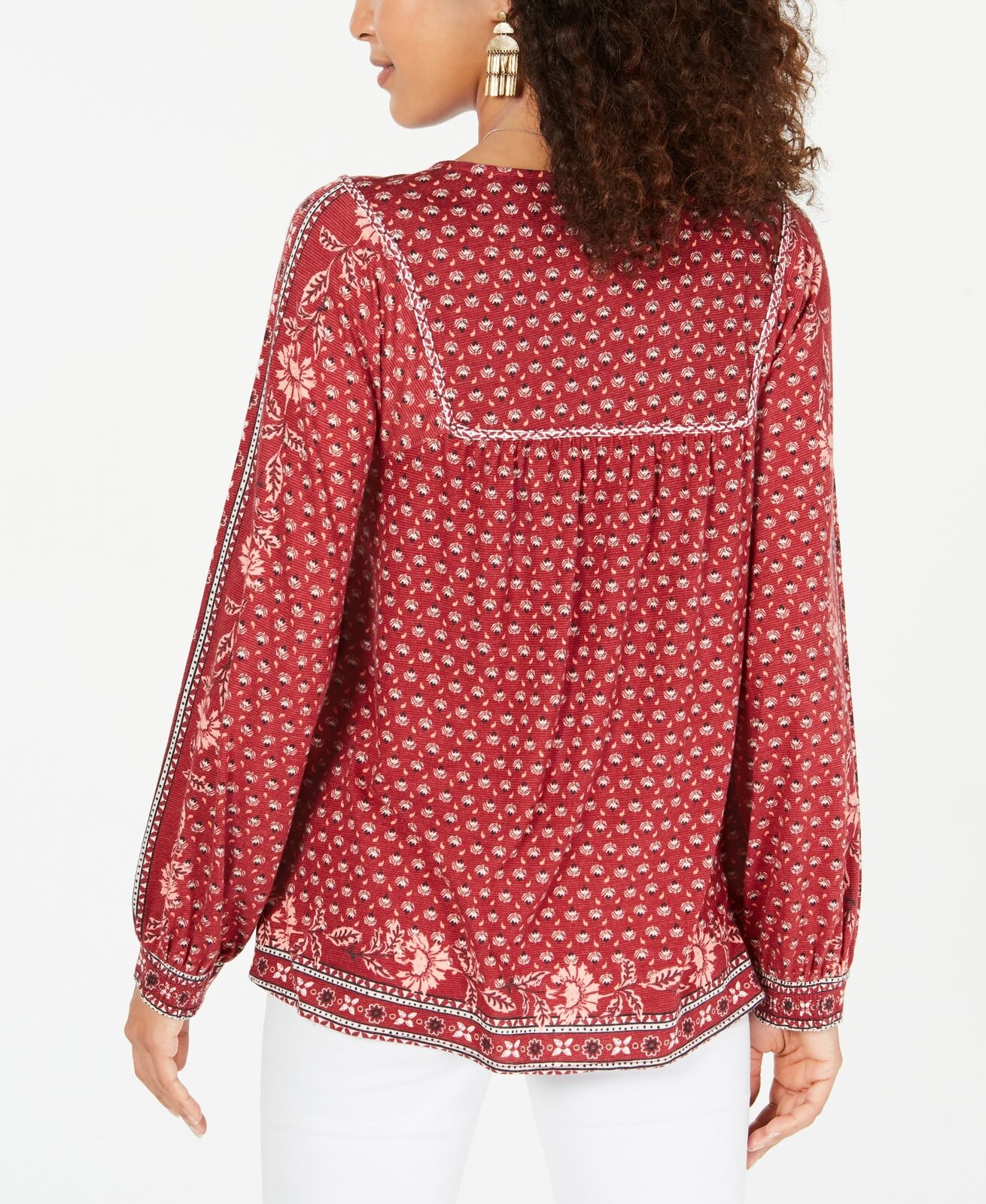 Style & Co Women's Cotton Blend Printed Peasant Knit Top Dark Red Size Medium