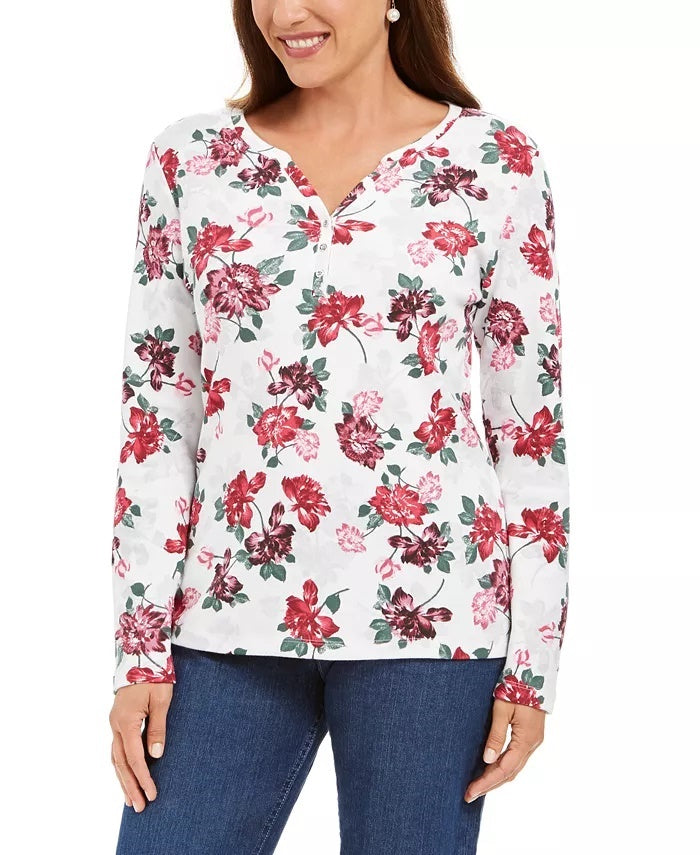 Karen Scott Women's Floral Print Henley Top White Size Small