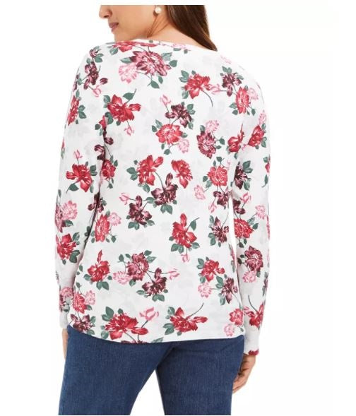 Karen Scott Women's Floral Print Henley Top White Size Small