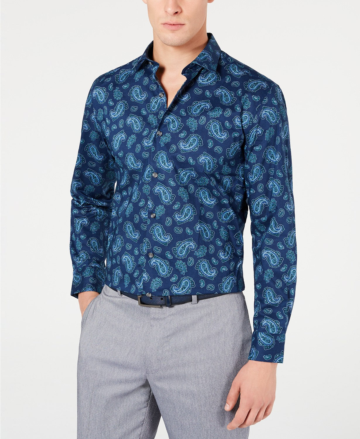 Bar III Men's Slim-Fit Stretch Paisley-Print Dress Shirt Navy Size 14-32-33