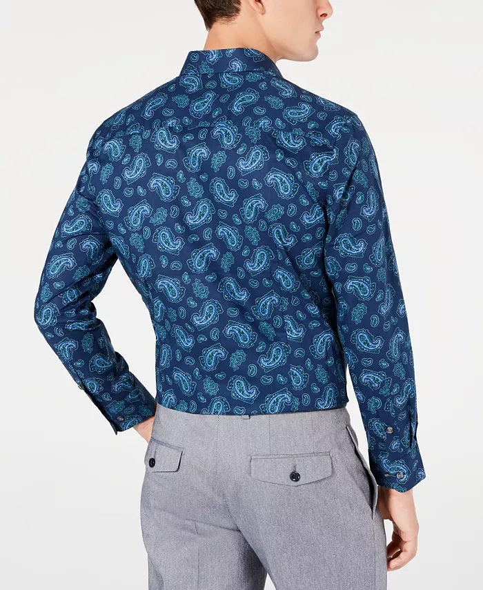 Bar III Men's Slim-Fit Stretch Paisley-Print Dress Shirt Navy Size 14-32-33