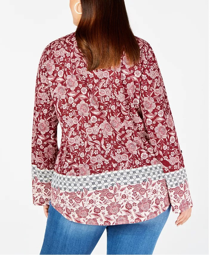 Style & Co Women's Plus Size Printed Top  Dark Red Size 1X