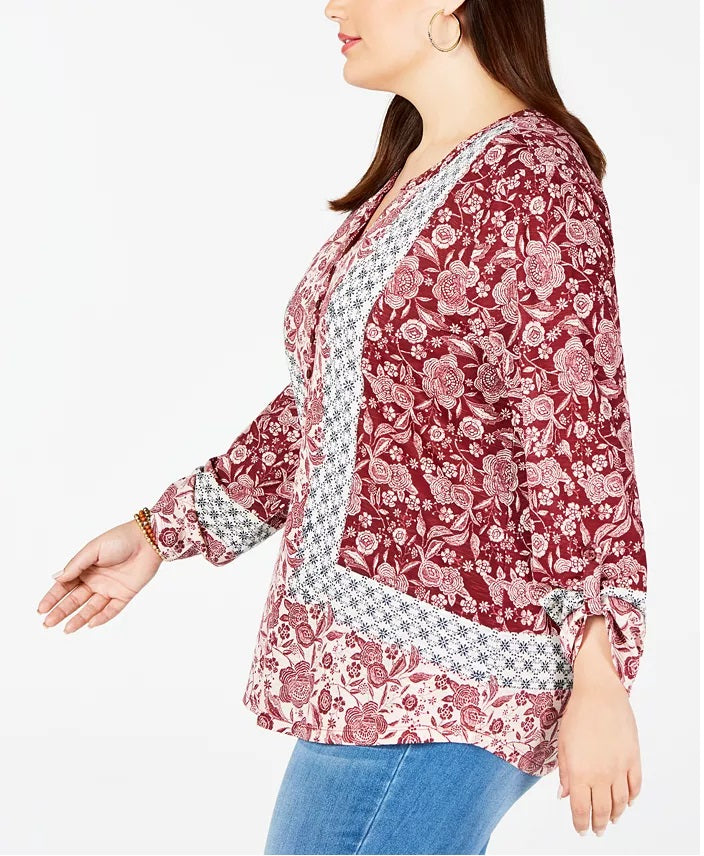 Style & Co Women's Plus Size Printed Top  Dark Red Size 1X