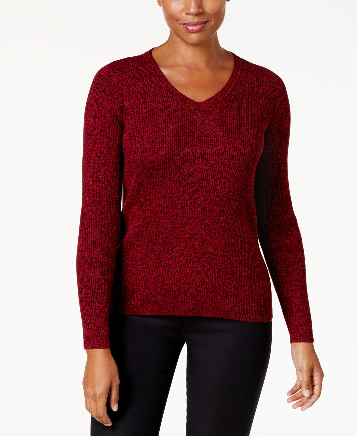 Karen Scott Women's Cotton Ribbed Marled Sweater Bright Red Petite Small