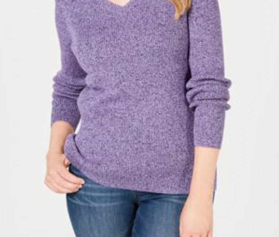 Karen Scott Women's Petite Cotton Ribbed Marled Sweater Purple Size Petite