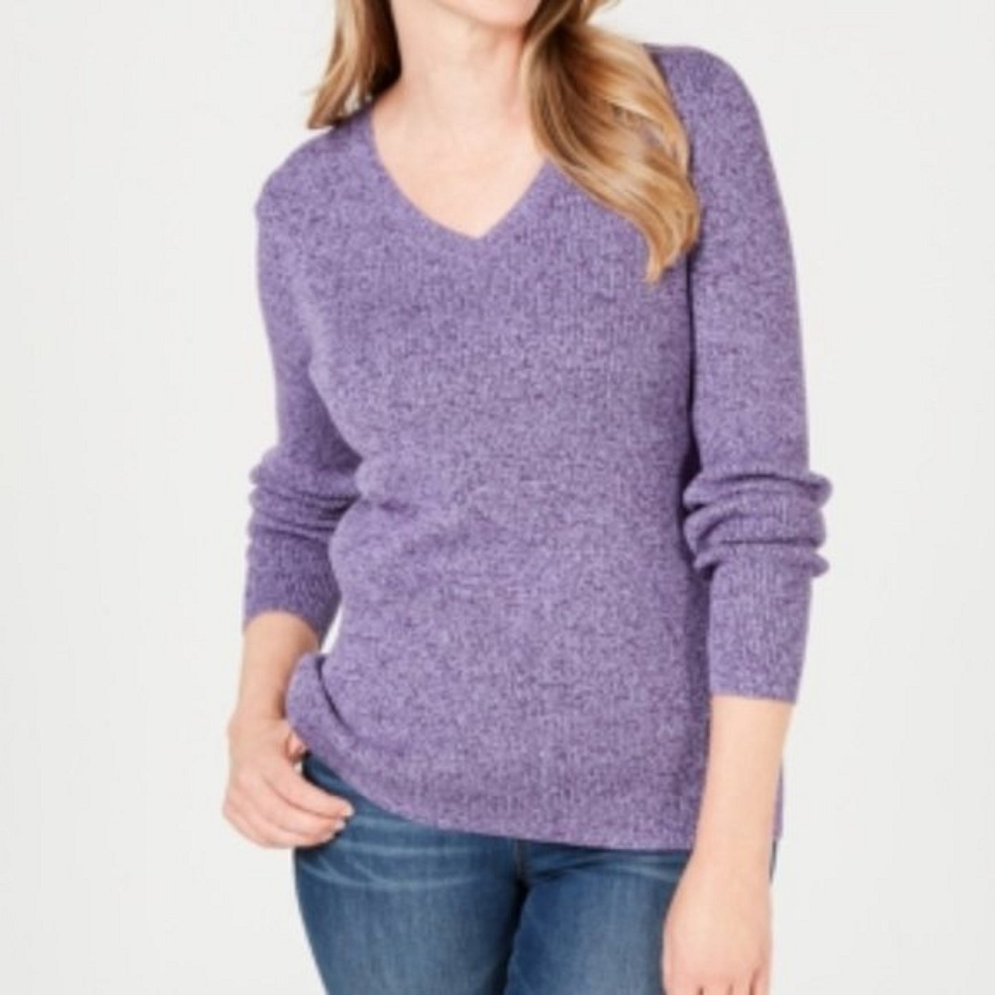 Karen Scott Women's Petite Cotton Ribbed Marled Sweater Purple Size Petite