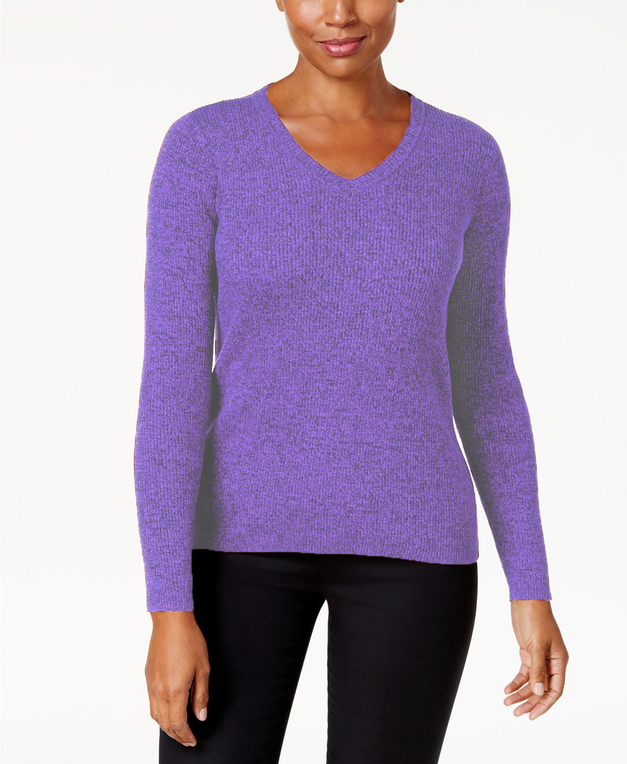 Karen Scott Women's Petite Cotton Ribbed Marled Sweater  Purple Size Petite Medium