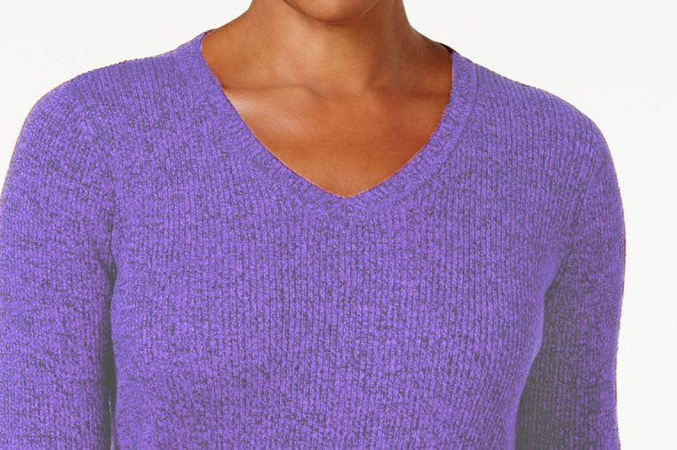 Karen Scott Women's Petite Cotton Ribbed Marled Sweater  Purple Size Petite Medium