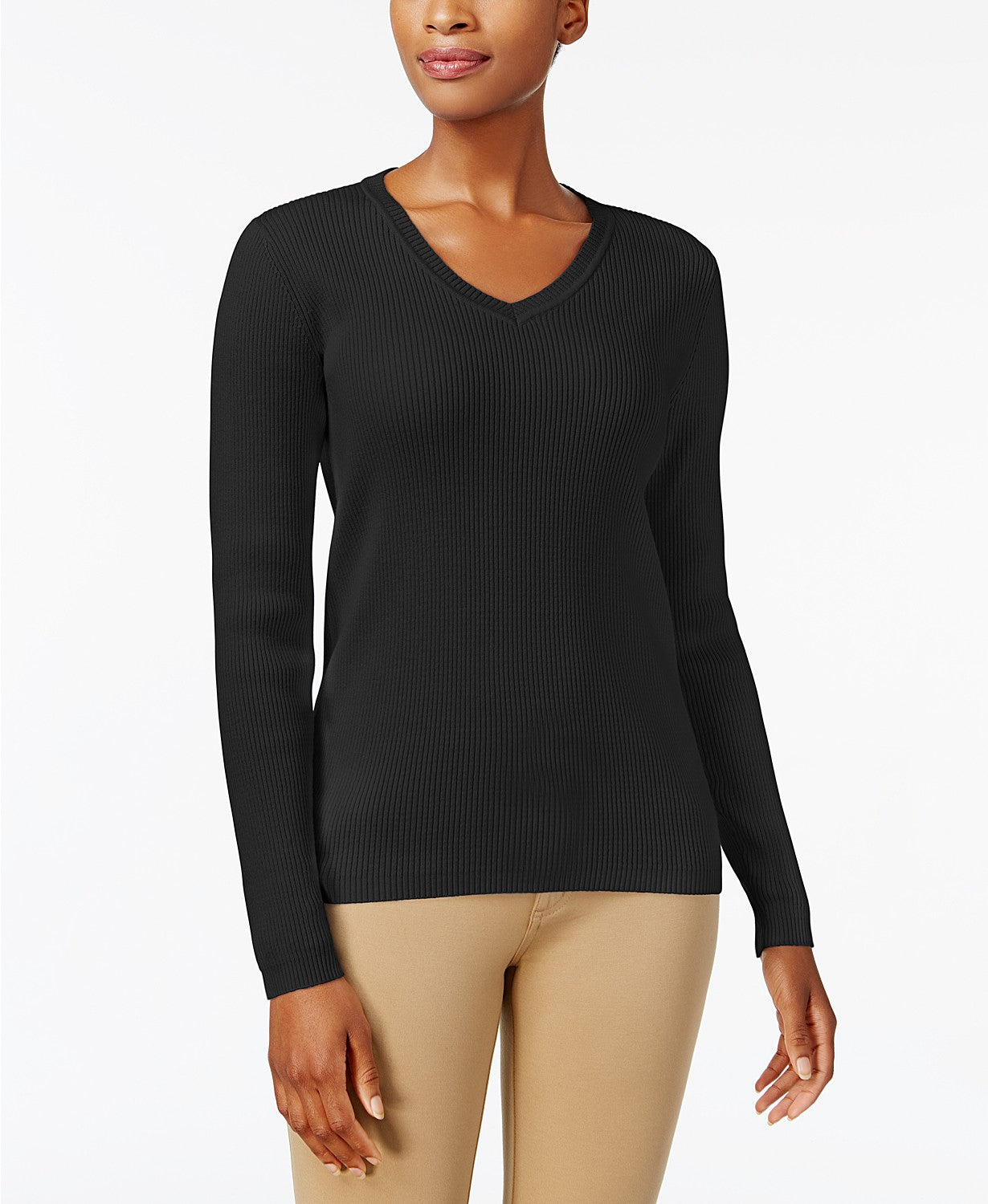 Karen Scott Women's Cotton V-Neck Sweater Black Size Large