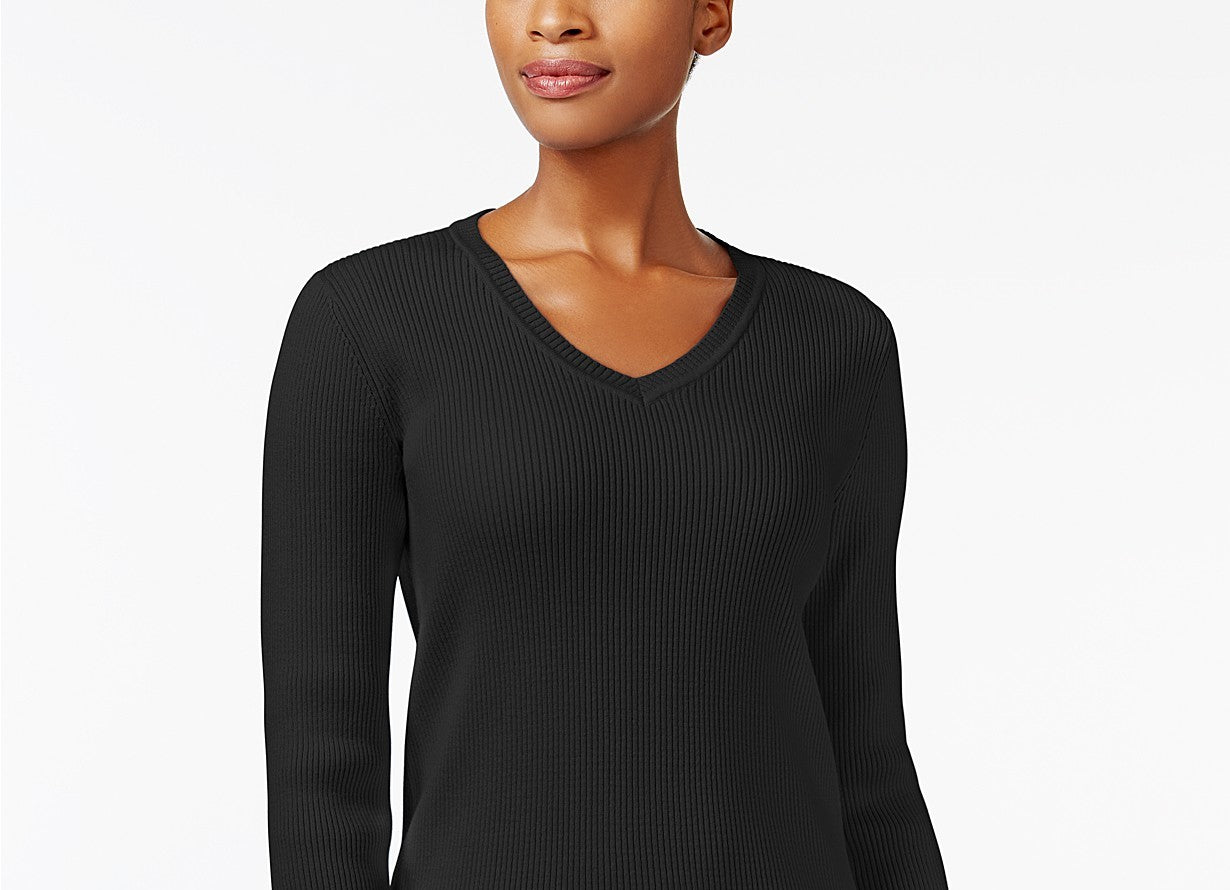 Karen Scott Women's Cotton V-Neck Sweater Black Size Large
