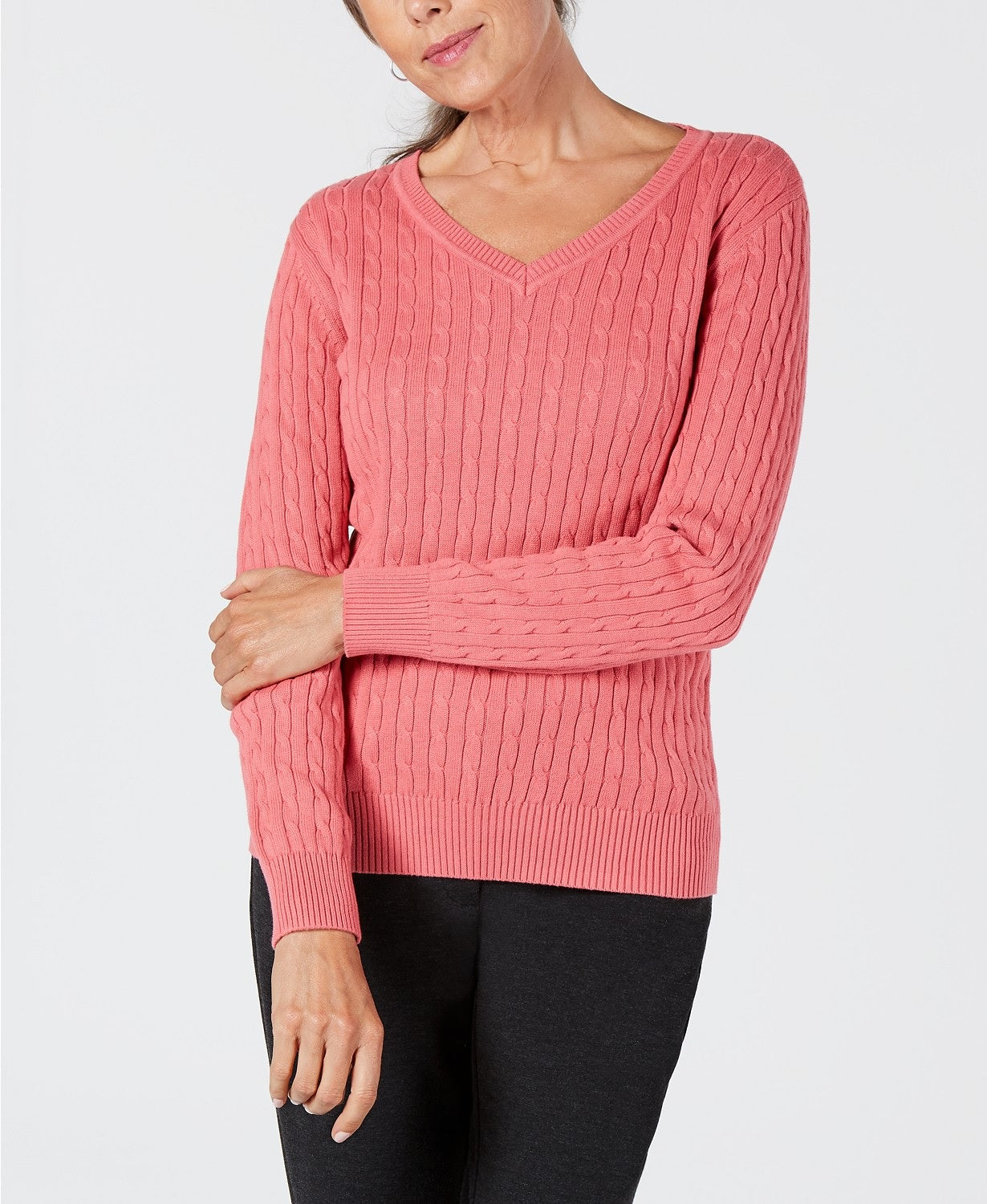 Karen Scott Women's Solid Cable-Knit V-Neck Sweater  Blush Size 2 Extra Large