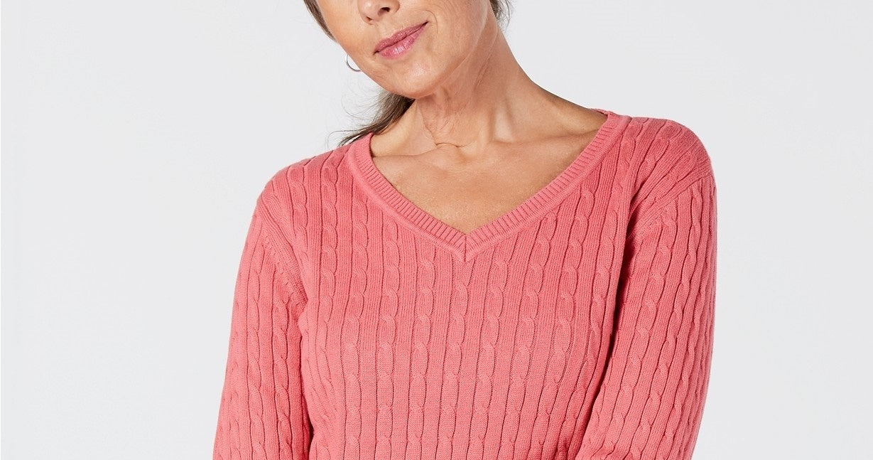 Karen Scott Women's Solid Cable-Knit V-Neck Sweater Pink Size 2 Extra Large