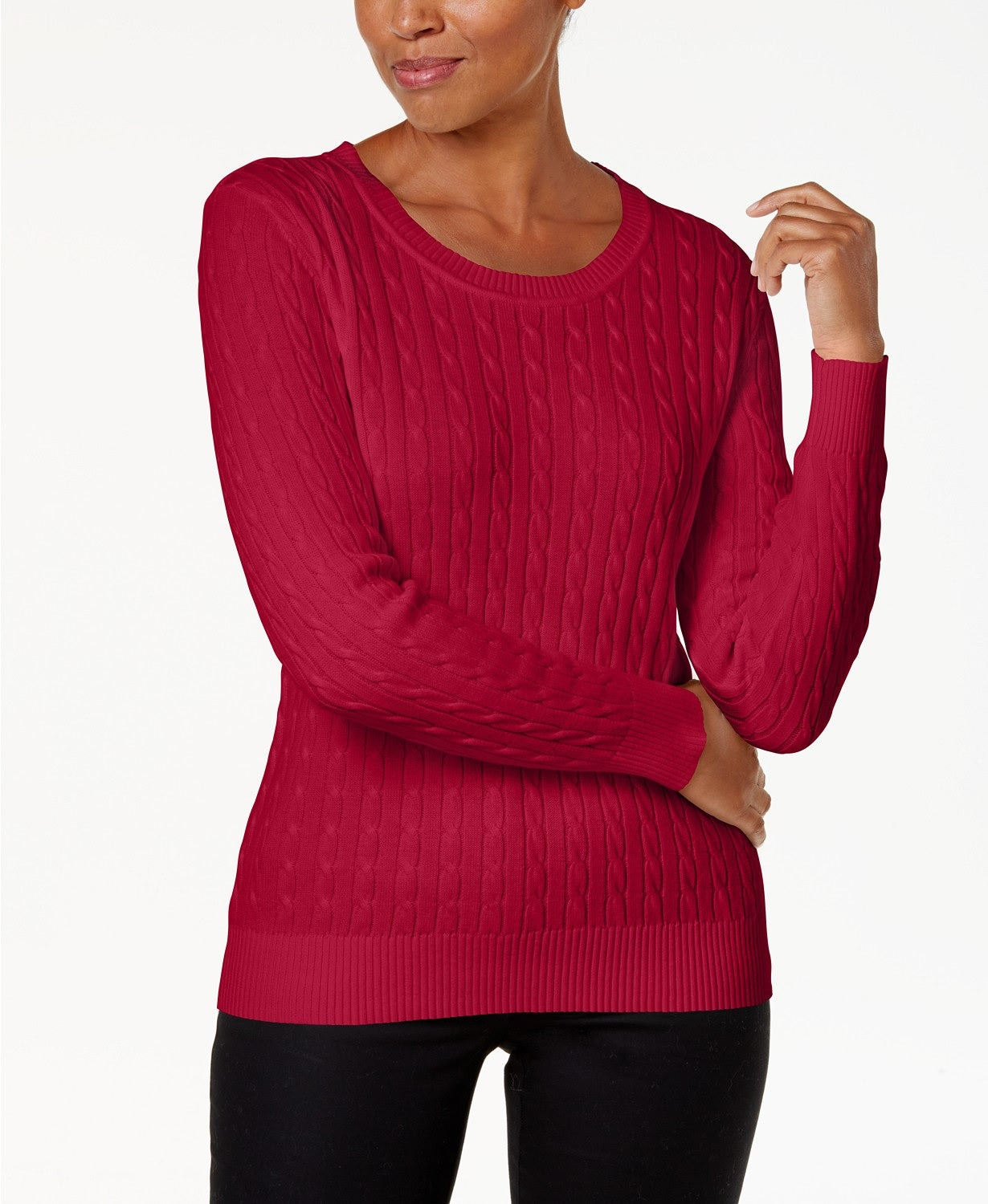 Karen Scott Women's Cable-Knit Crewneck Sweater Bright New Red Amore Size Large