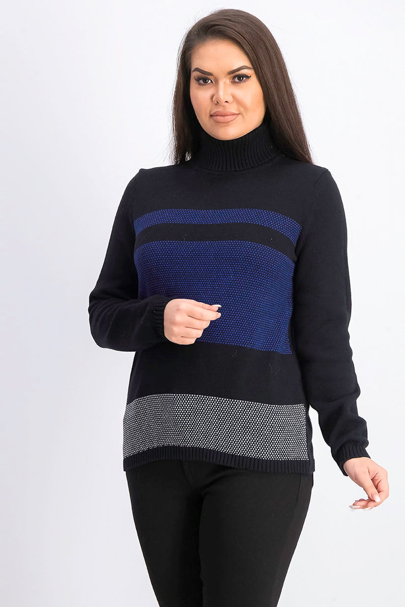 Karen Scott Women's Petite Colorblocked Cotton Turtleneck Sweater Blue Size Petite Medium