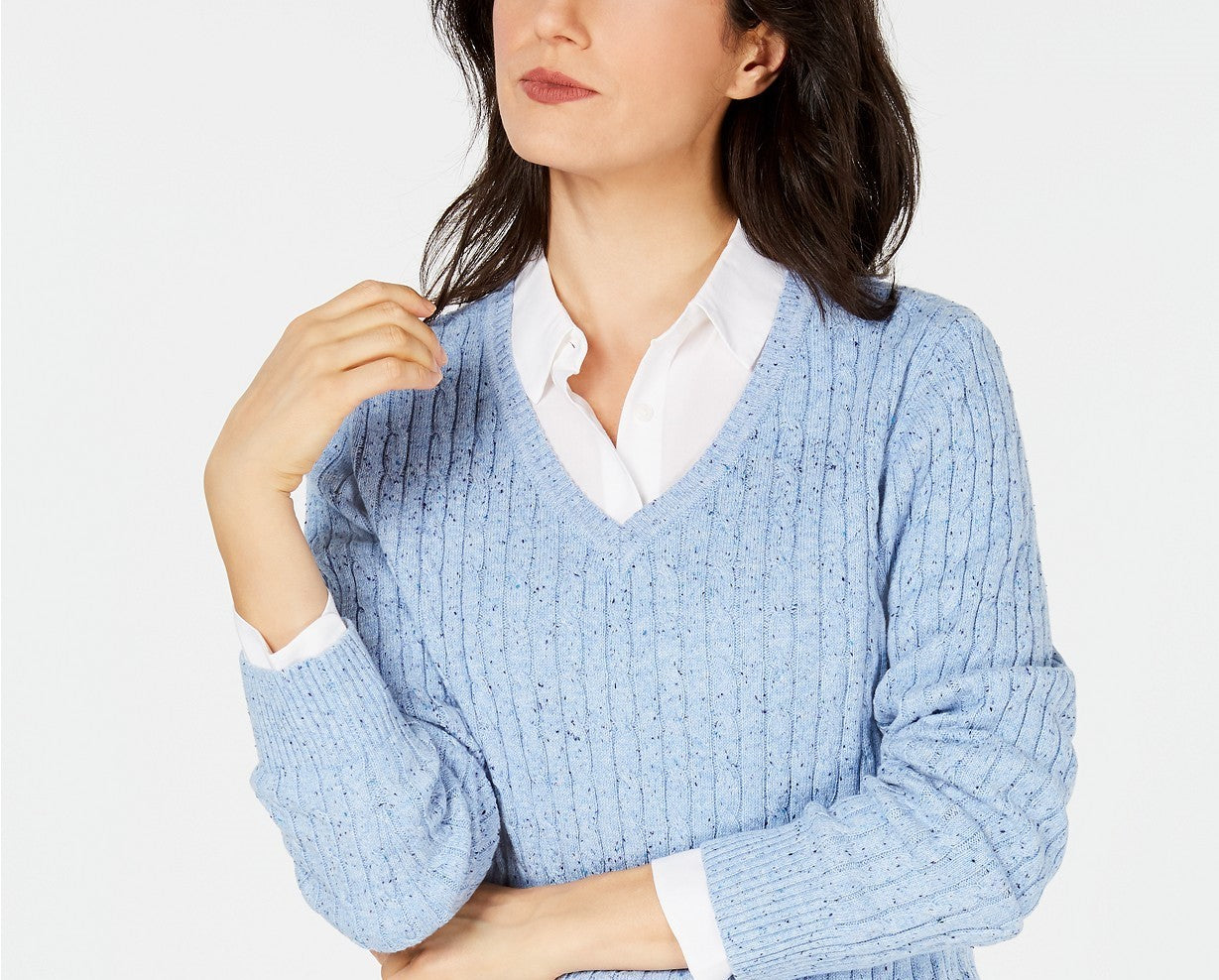 Karen Scott Women's Petite Cable-Knit V-Neck Sweater Blue Size Medium