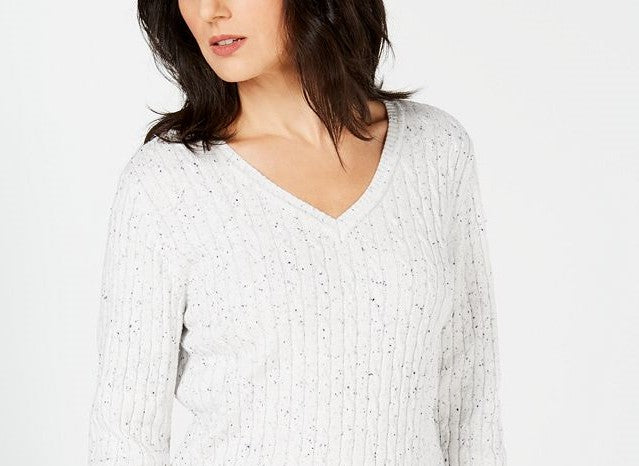 Karen Scott Women's Cable-Knit V-Neck Sweater Natural Size Petite Large