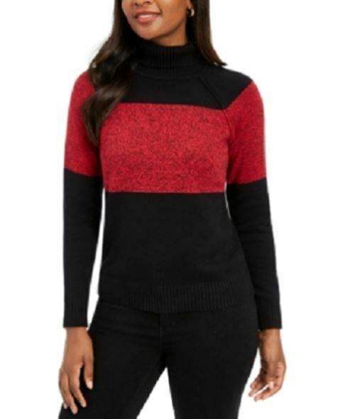 Karen Scott Women's Colorblocked Cotton Turtleneck Sweater Red Size Small