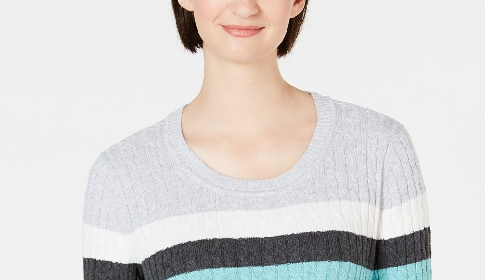 Karen Scott Women's Veronica Striped Cotton Cable Sweater Teal Aqua Combo Size Extra Large