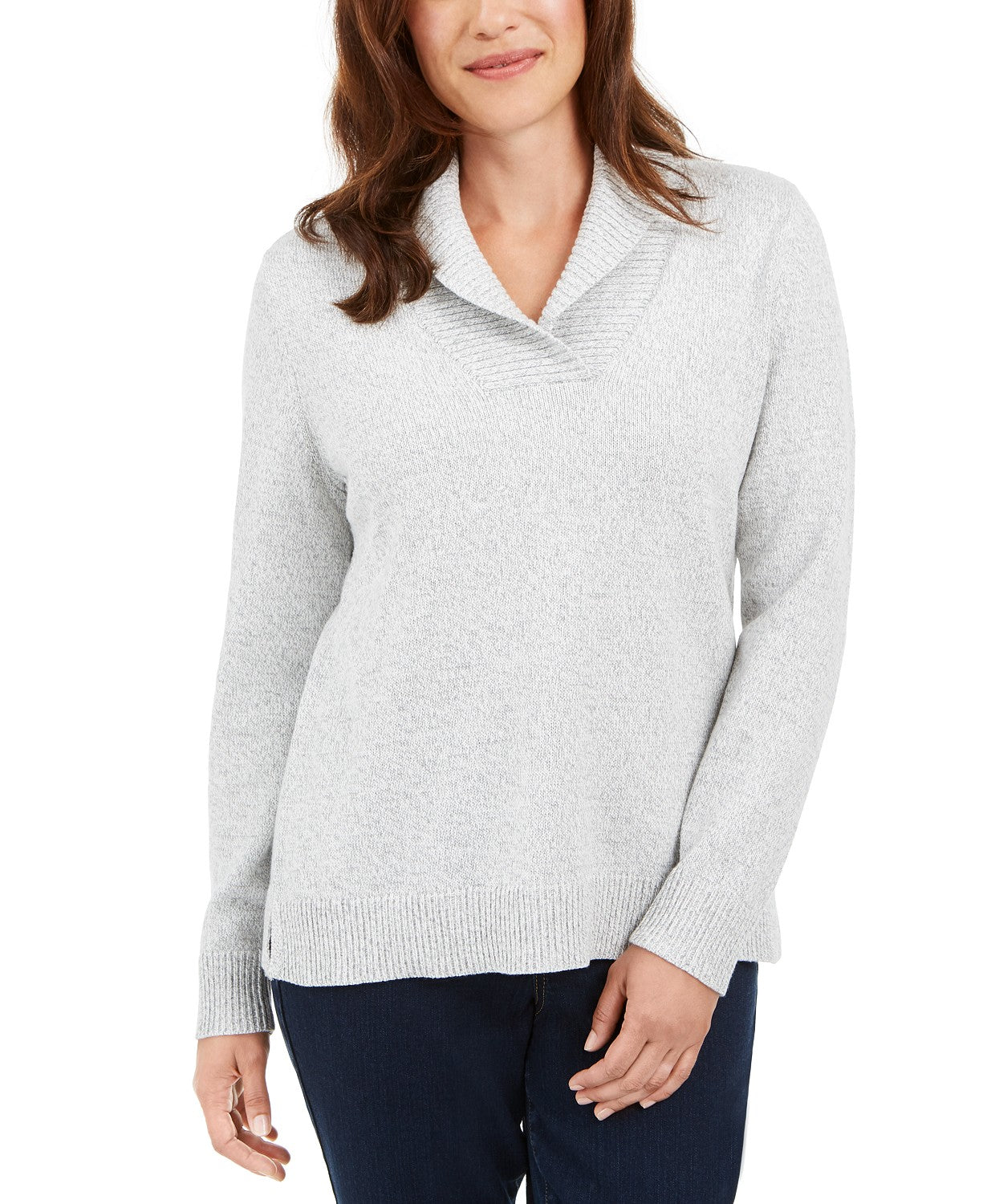 Karen Scott Women's Cotton Marled Shawl-Collar Sweater Gray Size Extra Large