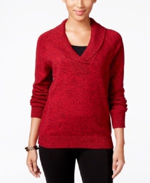 Karen Scott Women's Cotton Marled Shawl-Collar Sweater Red Size Large