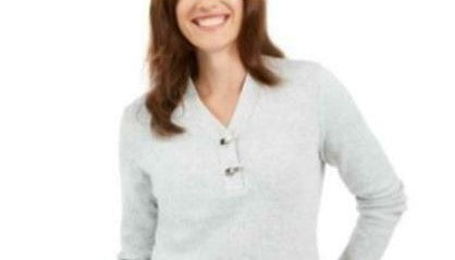 Karen Scott Women's Cotton Marled Henley Sweater White Size X-Large