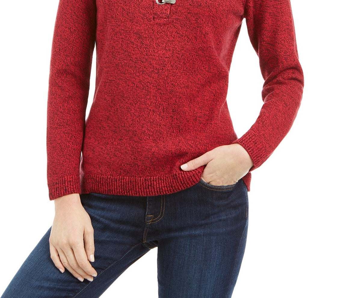 Karen Scott Women's Petite Hardware-Trim Cotton Henley Sweater Bright Red Size Petite