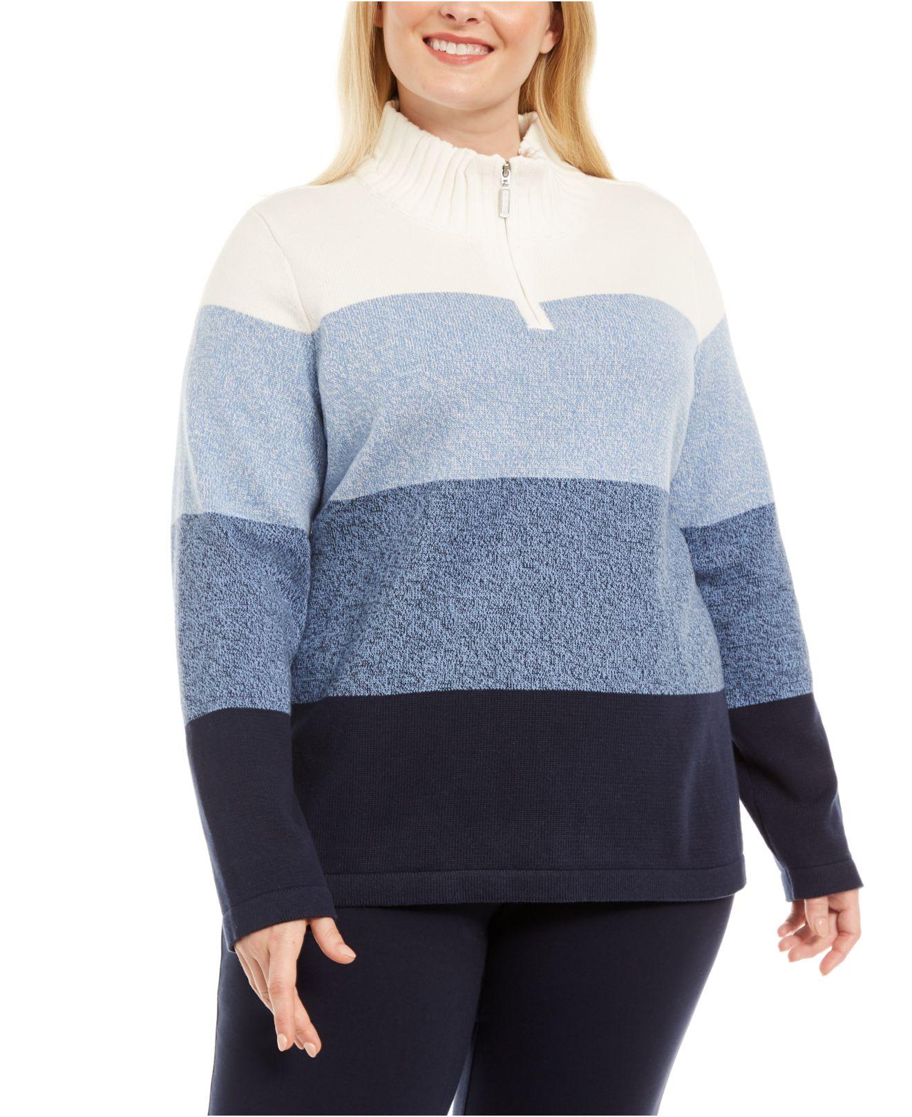 Karen Scott Women's Petite Cotton Half-Zip Striped Sweater Blue Size Petite