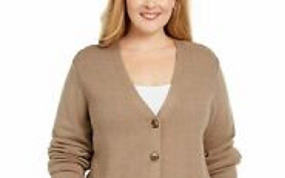 Karen Scott Women's Mixed-Stitch Button-Front Cardigan  Brown Size Medium