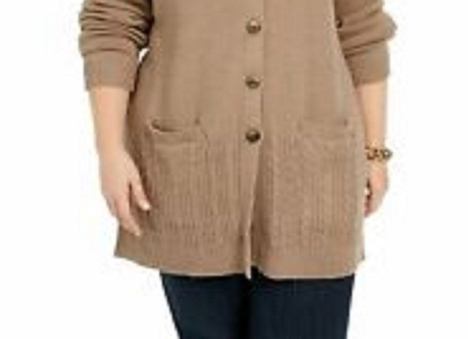 Karen Scott Women's Mixed-Stitch Button-Front Cardigan  Brown Size Medium